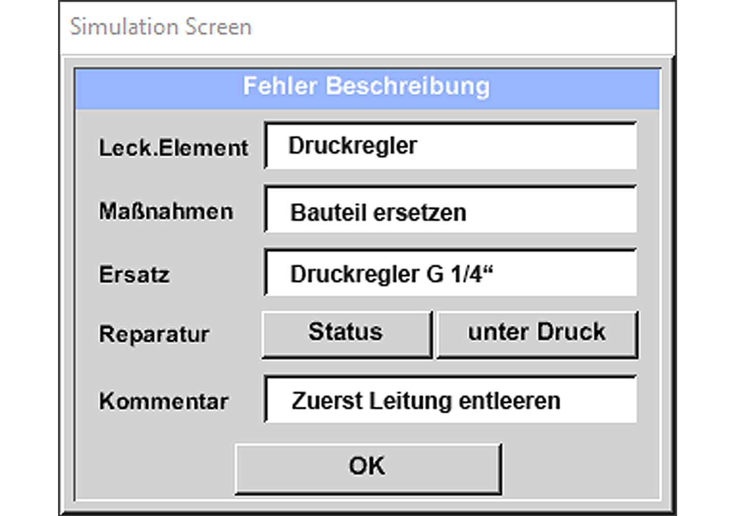 User Interface: Leckageübersicht bzw. Fehlerbeschreibung 