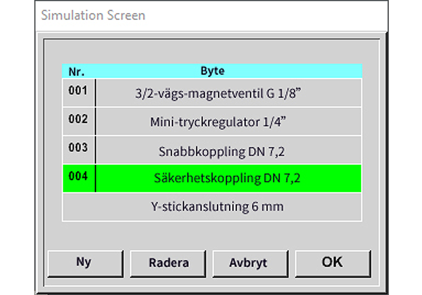 LD 500 Screen: Reservdelslista i utrustningen
