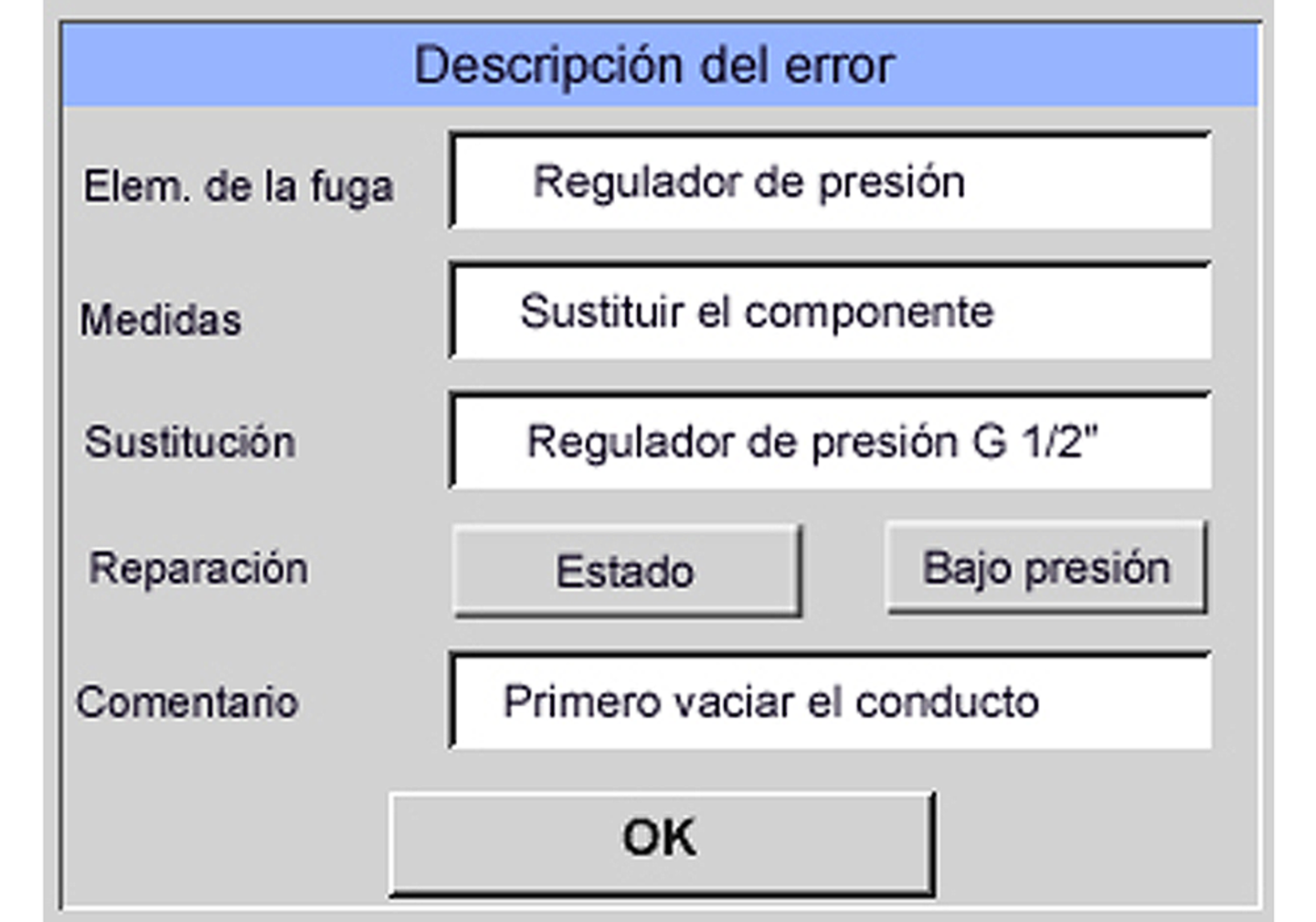 Interfaz de usuario: Vista general de fugas o descripción de errores 