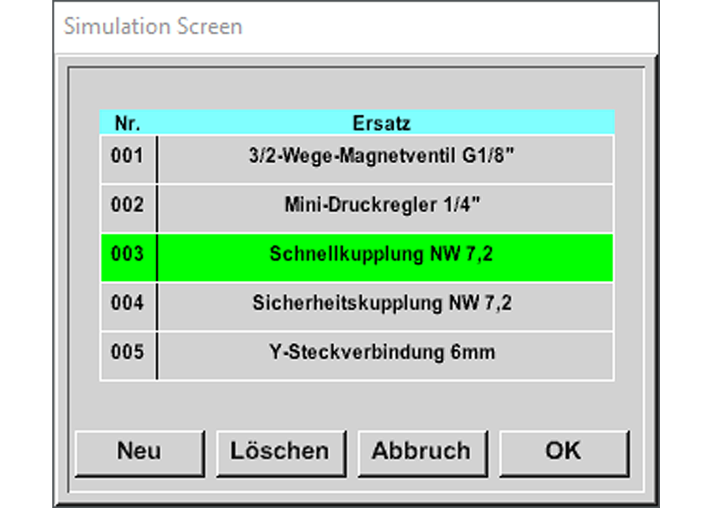 LD 500 Screen: Ersatzteilliste im Gerät