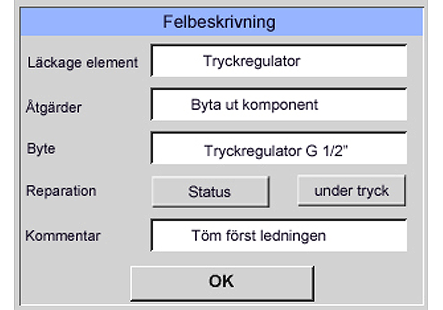 Användargränssnitt: Läckageöversikt resp. felbeskrivning 