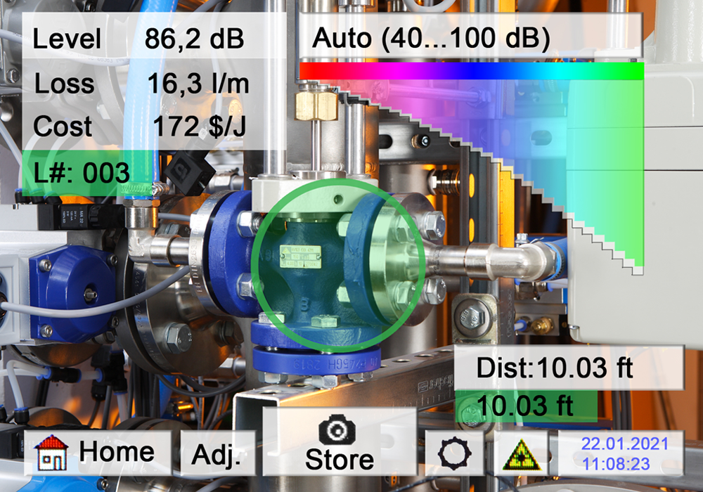 <p>El detector de fugas LD&nbsp;500 calcula el caudal volumétrico aproximado en [litros por minuto] a partir de la distancia medida [metros], del nivel de ruido [dB] y de la presión ajustada del sistema [bar].</p>
<p>Con ayuda de los costes de aire comprimido (€/m³) y de las horas de operación [h/año] del sistema de aire comprimido, el LD&nbsp;500 calcula los costes de energía anuales de cada una de las fugas.</p>
<p><strong>Estos valores son importantes para la correcta priorización de cada una de las fugas a la hora de planificar su eliminación, ya que la reparación de las fugas está siempre vinculada con costes. Aquí conviene comenzar con las fugas más caras. </strong></p>